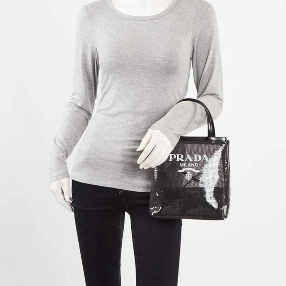 Prada Black Sequin Mesh and Leather Small Tote Bag 1BG417 - Picture 2 of 11